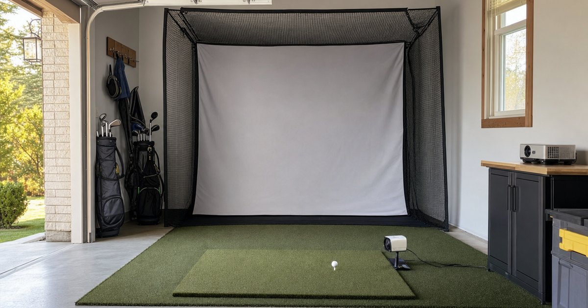 A budget home golf simulator hitting bay in a garage.
