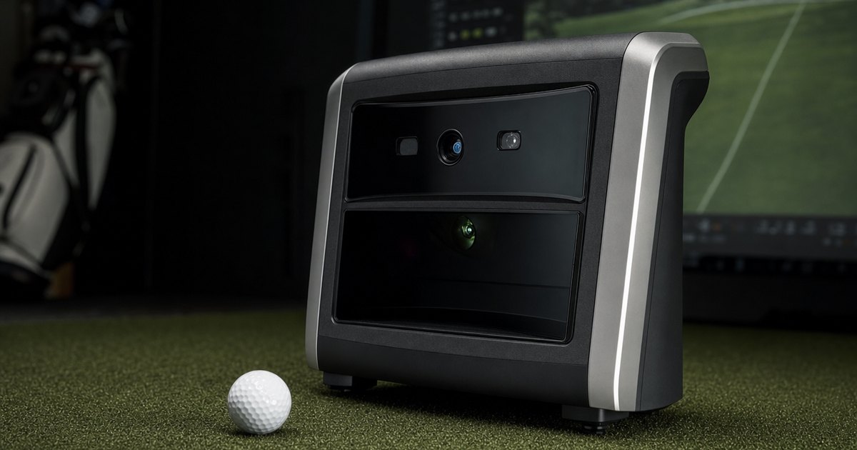 A golf launch monitor close-up with spin and launch-angle data readout.