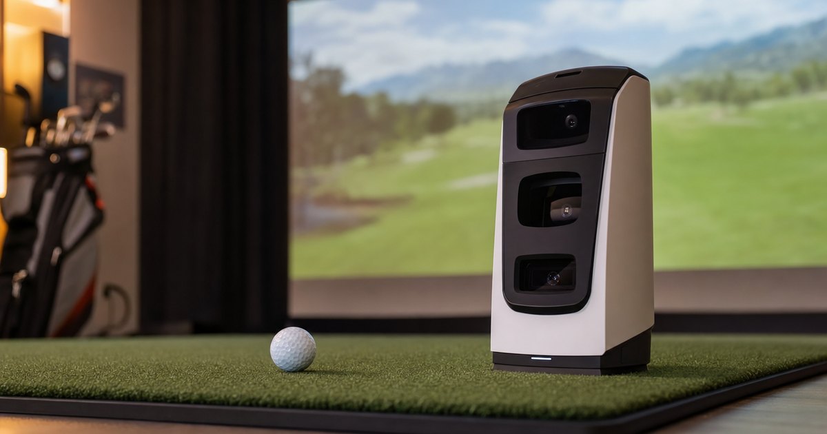 A portable golf launch monitor sitting on the turf in a home garage simulator.