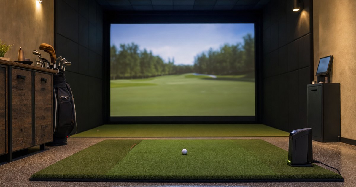 A golfer mid-swing practicing in a home garage golf simulator bay.