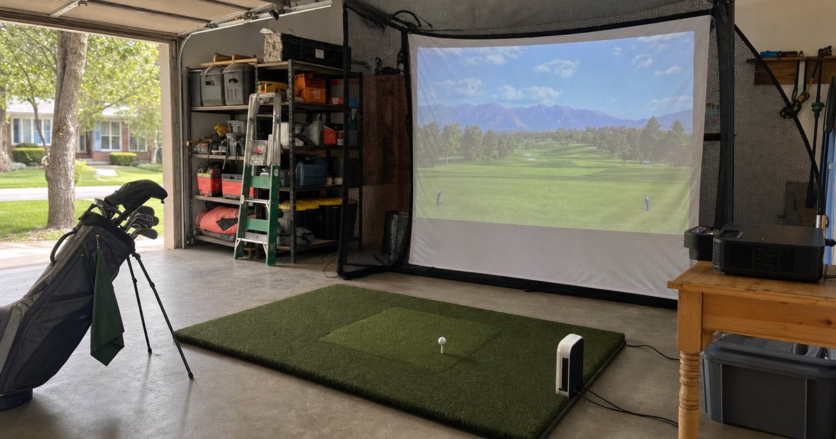 A budget home golf simulator hitting bay set up in a garage.