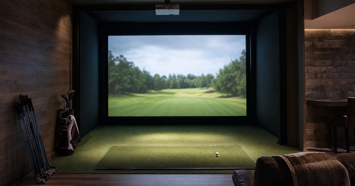 An indoor golf simulator showing a course on the impact screen via projector.