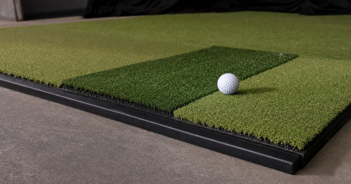 A golf simulator hitting mat and turf surface in a garage hitting bay.