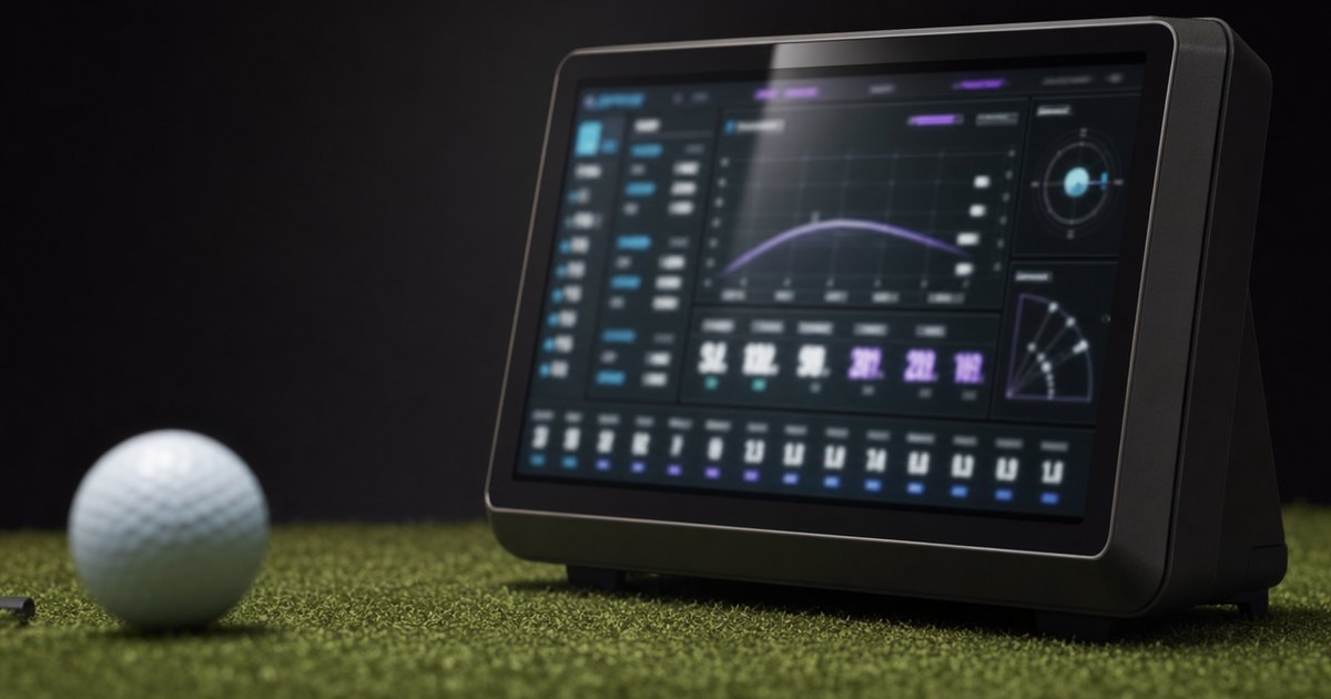 A launch monitor data screen showing ball speed, spin and launch angle figures.