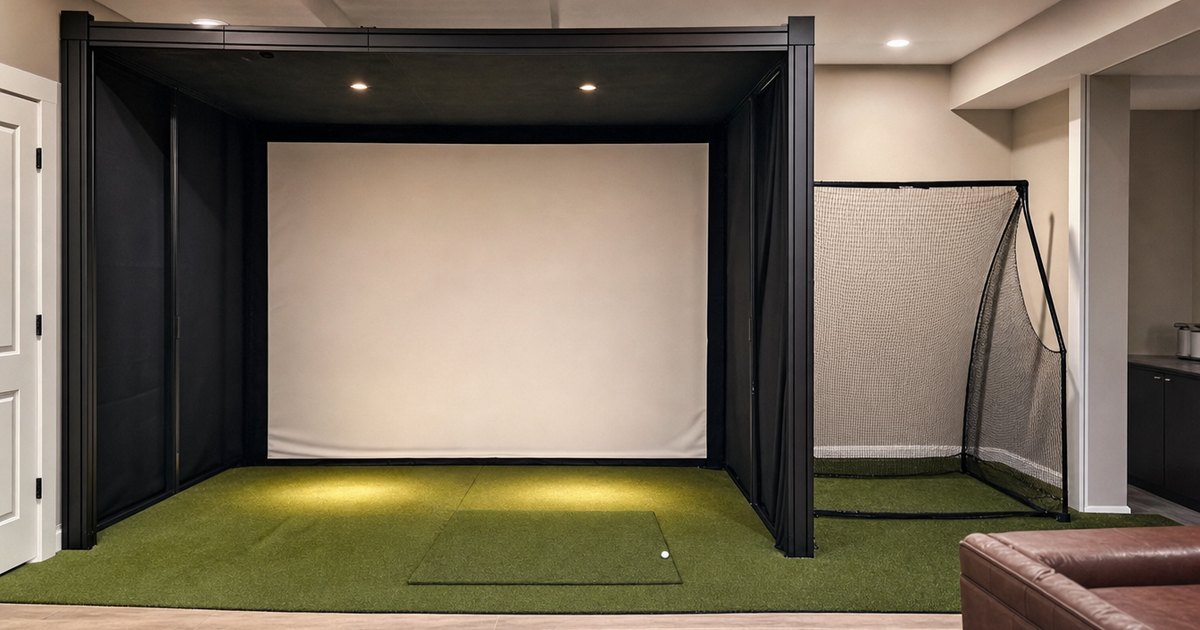 A full golf simulator enclosure with an impact screen and turf hitting bay.
