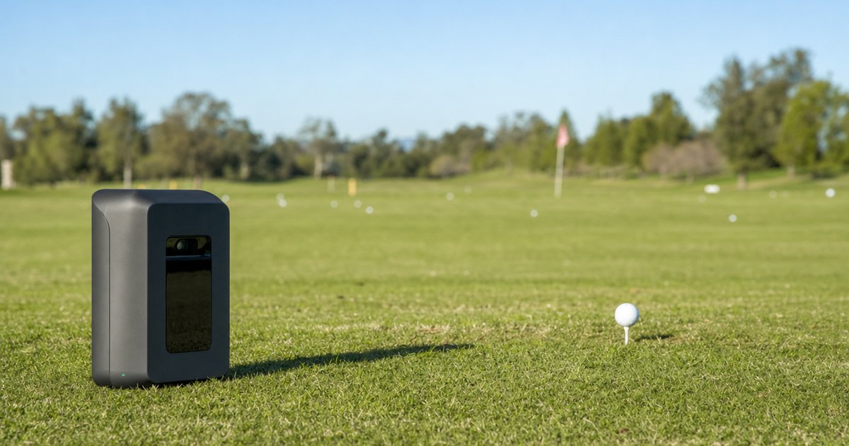 A portable golf launch monitor placed on the grass behind a golfer at a range.
