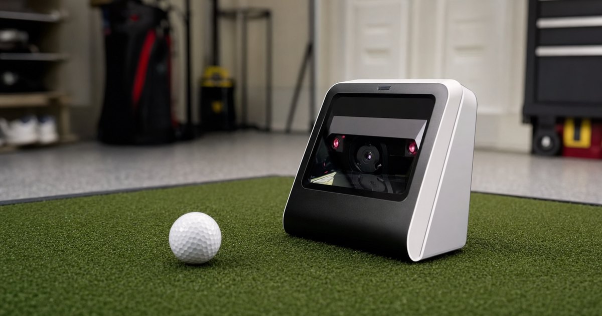 A portable golf launch monitor on the grass at a driving range.