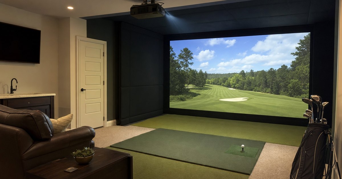 An indoor golf simulator with a projector and impact screen.