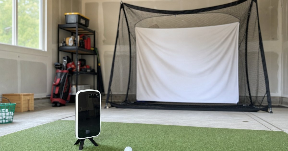 A Garmin-style portable golf launch monitor set up in a home garage simulator.